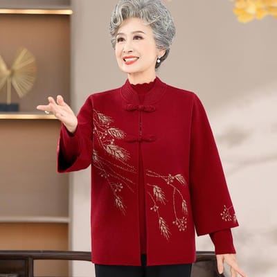 Kleding voor Vrouwen van Middelbare Leeftijd en Ouderen Herfst en Winter Kleding voor Grootmoeders Jas Twee Delig Set Oude Dame Winter Gebreide Trui 4XL bordeaux