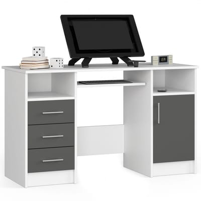 Bureau ANA met 3 Laden / Computerbureau / Computer Tafel / Bureautafel / Wit - Grafietgrijs / 124 x 77 x 52 cm
