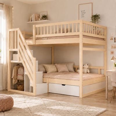 Stapelbed 140x200 Massief Hout - Opbergtrap Met Lades Veiligheidshekken Lattenbodem - Houtkleur Kinder- en Tienerbed
