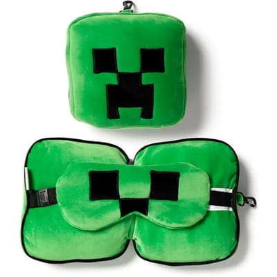 Relaxeazzz Minecraft Creeper knuffel/reiskussen/slaapmasker - 2-in-1 set - voor kinderen- in vliegtuig of auto