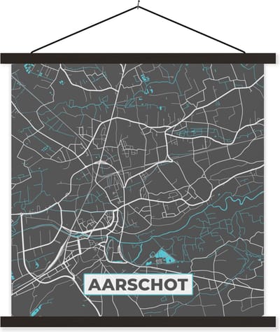 Posterhanger incl. Poster 60x60 cm - Schoolplaat - België – Aarschot – Stadskaart – Kaart – Blauw – Plattegrond - Textielposter - Zwarte latten - Stadskaart
