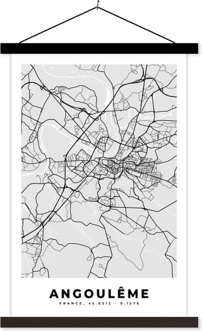 Posterhanger incl. Poster 40x60 cm - Schoolplaat - Stadskaart – Frankrijk – Kaart – Angoulême – Plattegrond - Textielposter - Zwarte latten - Stadskaart