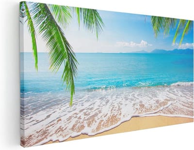 Artaza Canvas Schilderij Strand En Zee - 40x20 cm - Klein - Wanddecoratie Tropisch - Muurdecoratie Palmbomen - Schilderijen Op Canvas Vakantie