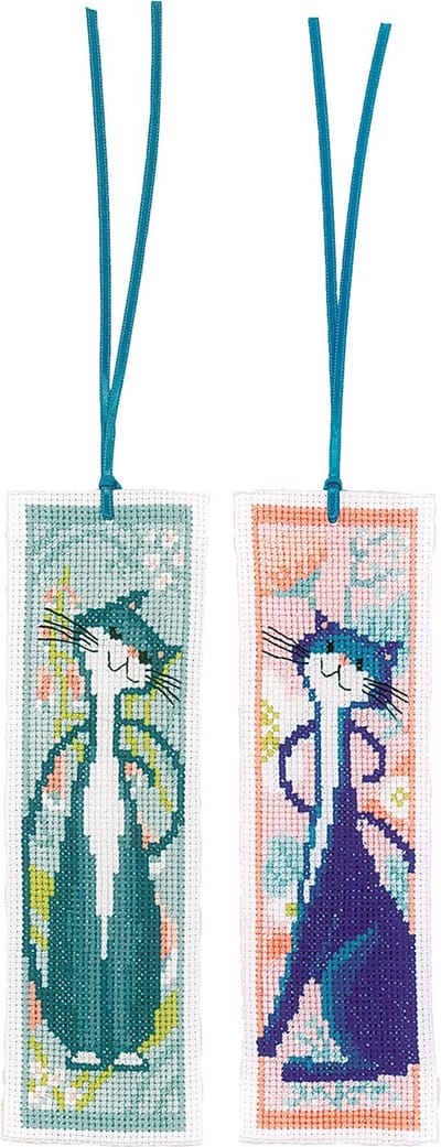 Vervaco - Bladwijzer kit - Flower cats set van 2 - PN-0191942 - Borduren - Borduurpakket - Borduurpakket volwassenen - Borduurpakket kind