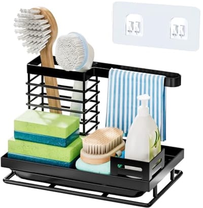 Aanrecht Caddy met Vaatdoekhouder en Verwijderbare Waterbak - Koolstofstaal Organizer voor Keukenaccessoires