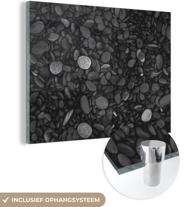 Glasschilderij - Kiezelsteen - Zwart - Wit - Stenen - 160x120 cm - Wanddecoratie - Kamer decoratie