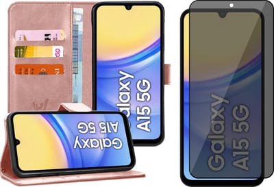 Hoesje geschikt voor Samsung Galaxy A15 - Privacy Screenprotector Volledig Dekkend Glas - Portemonnee Book Case Rosegoud