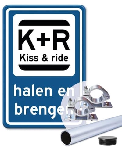Bord Kiss and Ride - blauw - Weerbestendig Aluminium - 40x60 cm - Bevestiging: Met paal 150 cm + paalbeugels + paaldop