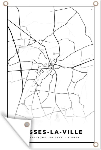 Muurdecoratie Plattegrond – Fosses la Ville – Zwart Wit – Stadskaart - Kaart - België - 120x180 cm - Tuinposter - Tuindoek