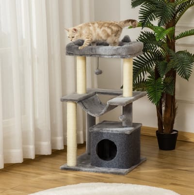 MEUNIQ Krabpaal 90 cm met kattenhangmat, kattenhuisje, ligbed en platforms, kattenboom met sisal krabpalen en speeltje voor binnen, grijs