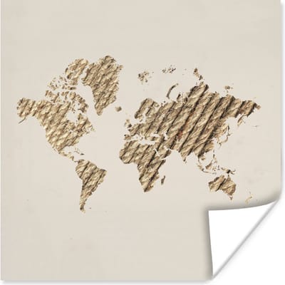 Poster 30x30 cm - Wereldkaart - Touw - Beige - Posters - Kamer decoratie - Wanddecoratie woonkamer - Muurdecoratie slaapkamer