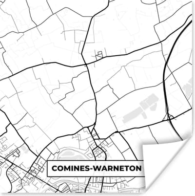 Poster Zwart Wit – België – Plattegrond – Stadskaart – Kaart – Comines Warneton - 100x100 cm XXL