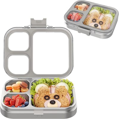 Famanu – Lunchbox voor kinderen van roestvrij staal - 3 vakken - bento-lunchbox - waterdicht - geschikt voor kinderen en volwassenen - lunchboxen voor weergave