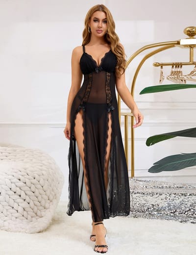Zeloria Sexy Mesh Nachtjurk met Kant en Split – Zwarte Transparante Lingerie Jurk met Slip – Verleidelijke Nightgown Dames – S