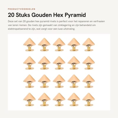 Dailygoods - 20 Stuks Gouden Hex Pyramid Rivets voor Lederen Riemen