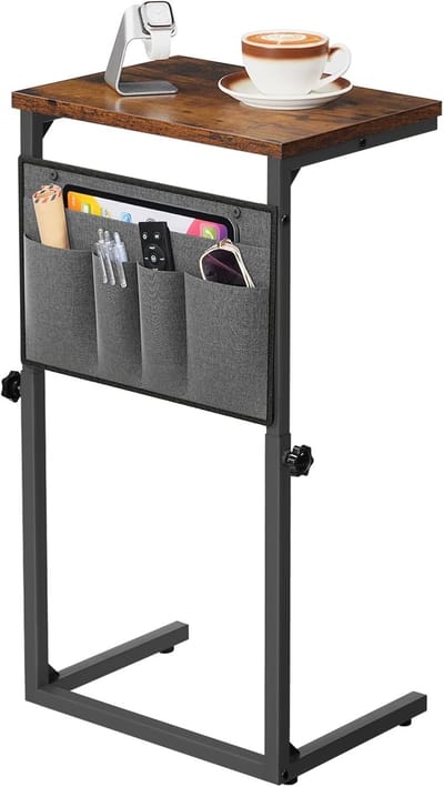 C-vormige bijzettafel, in hoogte verstelbaar 50-75 cm, salontafel, salontafel met 5 Oxford stoffen zakken, voor woonkamer, slaapkamer, badkamer, vintage bruin en zwart
