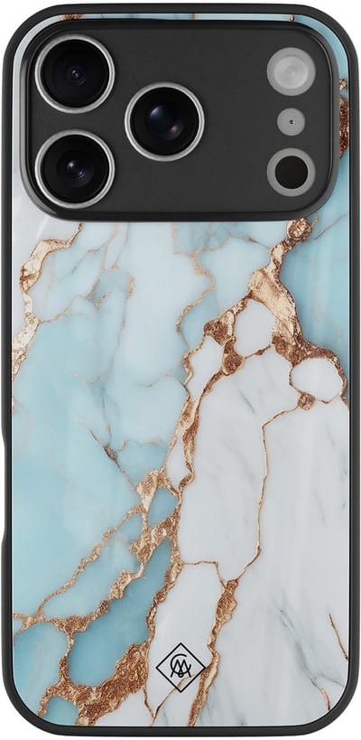 Casimoda® hoesje - Geschikt voor iPhone 17 Pro - Marmer Lichtblauw - Luxe Hard Case Zwart - Backcover telefoonhoesje - Blauw