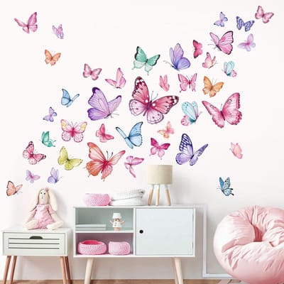 Famanu – Muurtattoo aquarel vlinders roze muursticker kleurrijke vlinder meisje muursticker woondecoratie decoratie voor meisjeskamer kinderkamer babykamer
