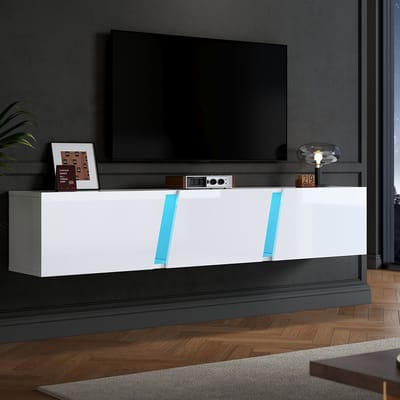 BLACKCOLORS 180 x 35 x 30 cm, wand-tv-meubel, laag tv-meubel met LED-lampen, tv-meubel met 3 deuren, geschikt voor 75 inch tv's, glanzend tv-meubel, wit