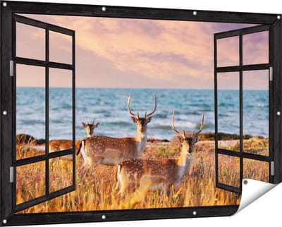 Gards Tuinposter Doorkijk Drie Herten aan de Zee tijdens Zonsondergang - 150x100 cm - Tuindoek - Tuindecoratie - Wanddecoratie buiten - Tuinschilderij