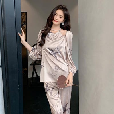 Nieuwe IJszijde Pyjama voor Dames Lente en Zomer, Zijden Chinese Stijl Luxe Pyjamaset met Lange Mouwen en Broek XL gray