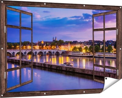 Gards Tuinposter Doorkijk Maastricht Maas Rivier bij de Sint Servaasbrug - 150x100 cm - Tuindoek - Tuindecoratie - Wanddecoratie buiten - Tuinschilderij