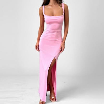 Lente Nieuwe Dameskleding Slank Temperament Elegant Open Halter Mouwloos Heupjurk M roze