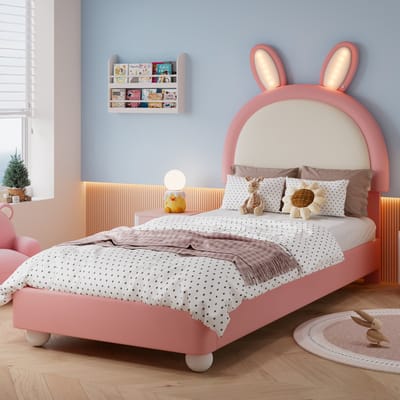 PHOEBE CAT Kinderbed - 90 x 200 cm - Gestoffeerd bed - Konijnenoren - LED-verlichting - Kunstleer - Roze + Wit