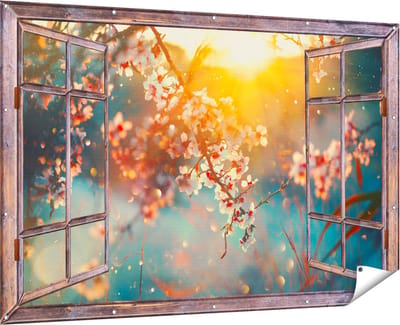 Gards Tuinposter Doorkijk Bloesemboom tijdens Zonsondergang - Bloem - 180x120 cm - Tuindoek - Tuindecoratie - Wanddecoratie buiten - Tuinschilderij