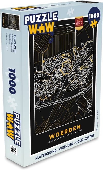 Puzzel Plattegrond - Woerden - Goud - Zwart - Legpuzzel - Puzzel 1000 stukjes volwassenen - Stadskaart