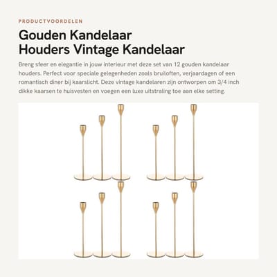 Dailygoods- Kandelaar Goud - Set van 12 - Taper Kaarsenhouders - Vintage Kandelaar - Decoratief - Hoogwaardig Metaal - 3 Maten - Kaarsenstandaard