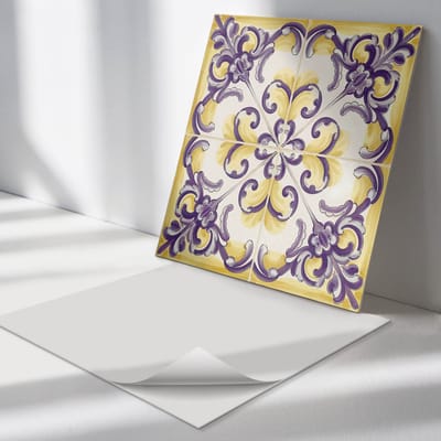 Wallfluent Vinyl Tegels - tegelpatroon met Ornamenten Wand PVC Tegels - 30 cm x 30 cm - Geel Vinyl Tegels - Verpakking van 9 stuks - Vierkant PVC Tegels - Texturen Plaktegels - Vinyl Tegels Zelfklevend - Plaktegels Keuken en Badkamer
