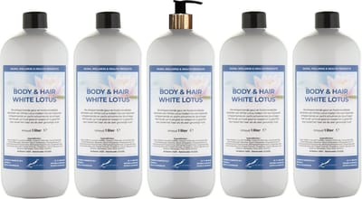 Body & Hair White Lotus 1 liter met gouden pomp - set van 5 stuks - 2 in 1 voor lichaam en haar - voordeelverpakking