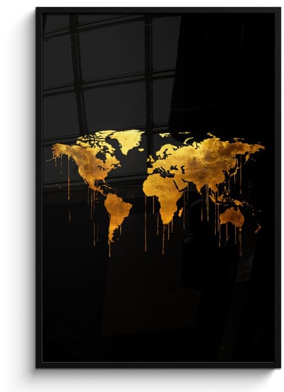 Poster in lijst - Fotolijst 80x120 cm - Posters - Wereldkaart - Goud - Druipen - Zwart - Posterlijst zwart - Decoratie - Wanddecoratie woonkamer - Muurdecoratie slaapkamer