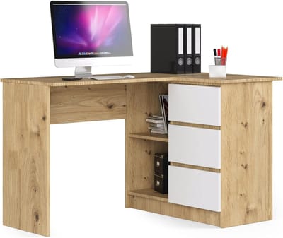 Hoekbureau met plank - Bureau L-vorm - Thuiswerken - Omkeerbaar voor links/rechts - 124 cm breed - Eiken wit