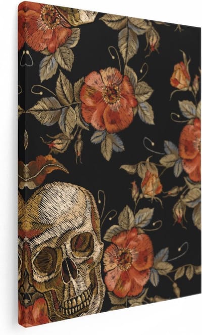 Artaza Canvas Schilderij Doodshoofd Met Rozen - 30x40 cm - Klein - Muurdecoratie Bloemen - Wanddecoratie Gothic - Kamer Accessoires
