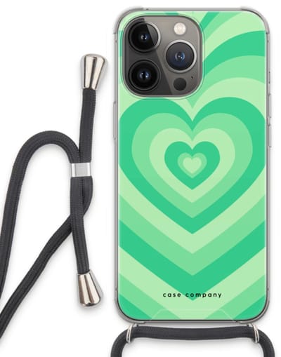 Case Company® - Hoesje met koord geschikt voor iPhone 13 Pro hoesje met Koord - Hart Groen - Telefoonhoesje met Zwart Koord - Bescherming aan alle Kanten en Over de Schermrand