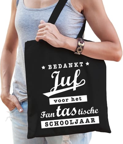 Bedankt juf katoenen tasje - zwart kleur - Juffendag / einde schooljaar cadeau - School juffen