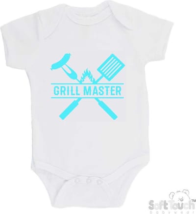 100% Katoenen Romper "Grill Master" Unisex Katoen Wit/aquablauw Maat 62/68
