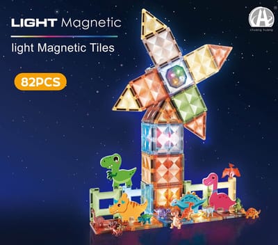 Magnetisch speelgoed met Licht – Manga Tiles - Mangnetisch bouwstenen -Dinosaurus speelgoed thema - Dino thema - 82-delige - Magnetische Bouwset – Educatief Constructiespeelgoed voor Kinderen