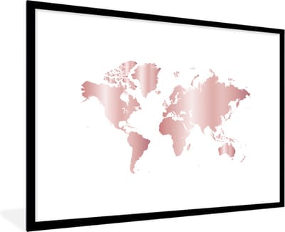 Poster in lijst kids - Schilderij voor meisjes - Muurdecoratie kinderkamer - Wereldkaart - Roze - Kinderen - Jongens - Meisjes - 120x80 cm