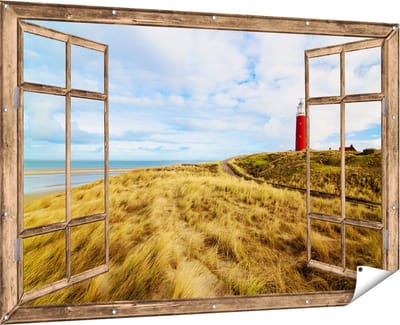 Gards Tuinposter Doorkijk Vuurtoren met Duinen in Texel - 180x120 cm - Tuindoek - Tuindecoratie - Wanddecoratie buiten - Tuinschilderij