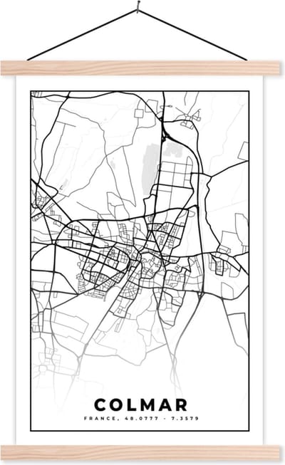Posterhanger incl. Poster 40x60 cm - Schoolplaat - Colmar - Stadskaart - Frankrijk - Kaart - Plattegrond - Zwart wit - Textielposter - Blanke latten - Stadskaart