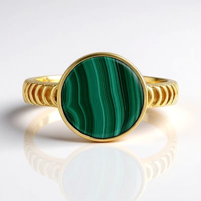 Cavill - Verstelbare Zilveren Ring - 925 Sterling Zilver Verguld - Malachiet 3,6 Ct Rond Bezel Zetel - Groene Edelsteen - Elegante Handgemaakte Ring
