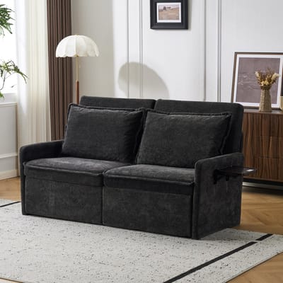 Multifunctionele Chenille Slaapbank – Verstelbare Rugleuning met 5 Standen – 2-in-1 Bank & Logeerbed – Met USB/Type-C Oplaadpoort en Opbergvakken – Zachte Hoge Dichtheid Schuimvulling – Moderne Relaxbank voor Woonkamer/Slaapkamer –Zwart