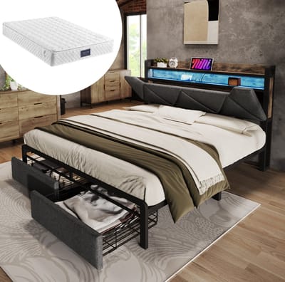 MEUNIQ tweepersoons bed 140x200 met opbergend hoofdbord, 2 lades, LED-verlichting, USB en Type-C, metalen lattenbodem, bedframe voor slaapkamer, grijs