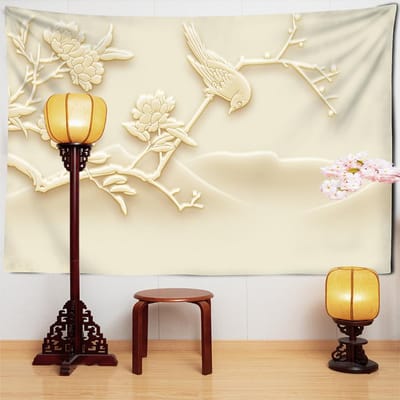 Tapisserie Sculpture Oiseau Fleur Jade Style Art Ancien Décoration Maison Mur Fond TV Polyester Décor Boho Hippie Suspension Murale 95x70CM beige
