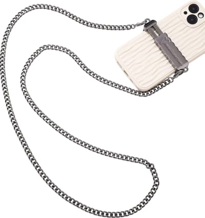Chain Diagonal Cross Chain Phone Clip – Pianozwart – Verstelbare Schouder- en Kruisband met Ketting voor Smartphone, Handsfree en Veilig Dagelijks Gebruik