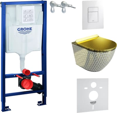 GROHE SOLIDO SOFI SLIM GOLDEN NEVER DIE - Inbouwreservoir - Witte Even drukplaat - Goud-wit wandcloset - Toiletset