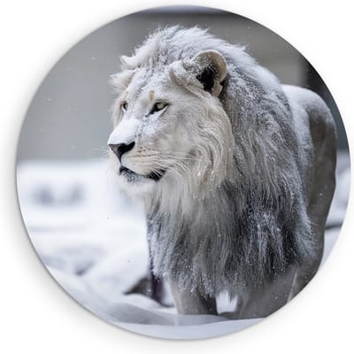 Saammp Muurcirkel Hout - Leeuw in de sneeuw - Dieren - Natuur - Ø 90 - Wandcirkel - Wanddecoratie Cirkel - Muurdecoratie Woonkamer - Slaapkamer decoratie - Rond Schilderij
